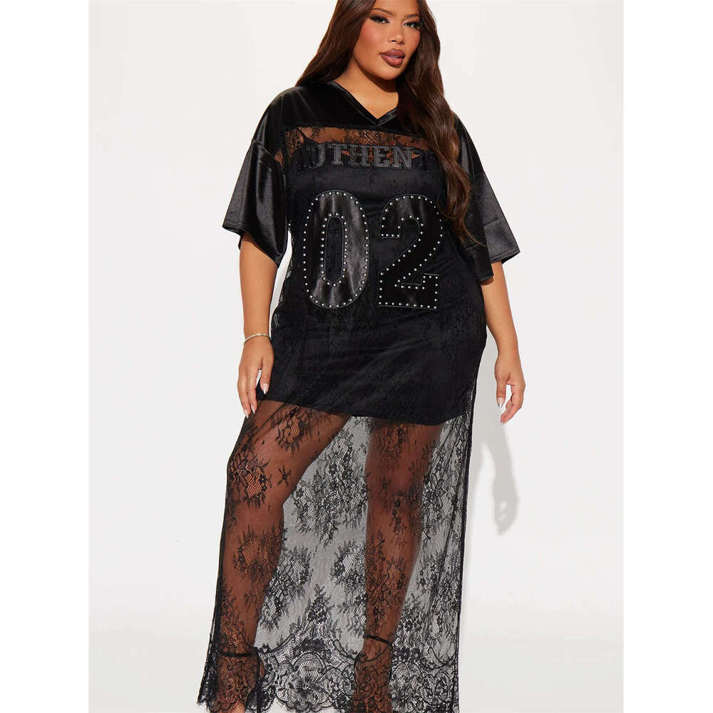 New Fashion V-Neck Hollow Lace Patchwork Casual Loose Short Sleeve Long Dress For Women B5