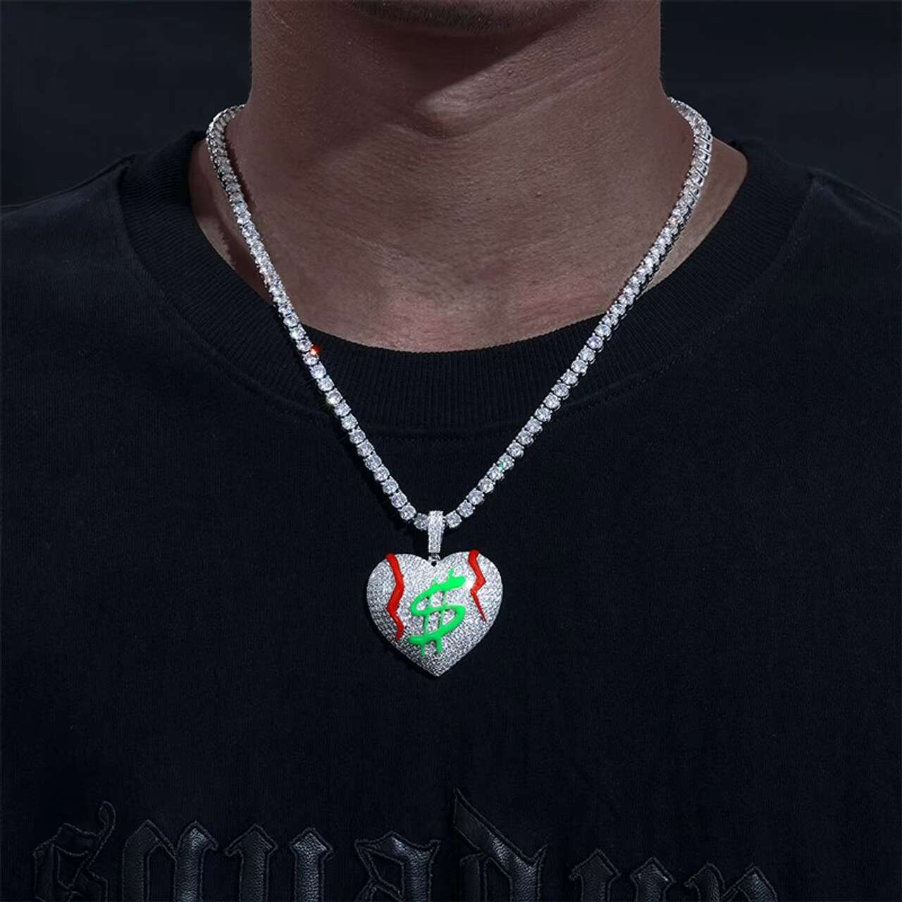 New Design Sterling Silver Hip Hop Pendant Necklace Broke Heart with Dollar Sign VVS Moissanite Diamond for Men and Women