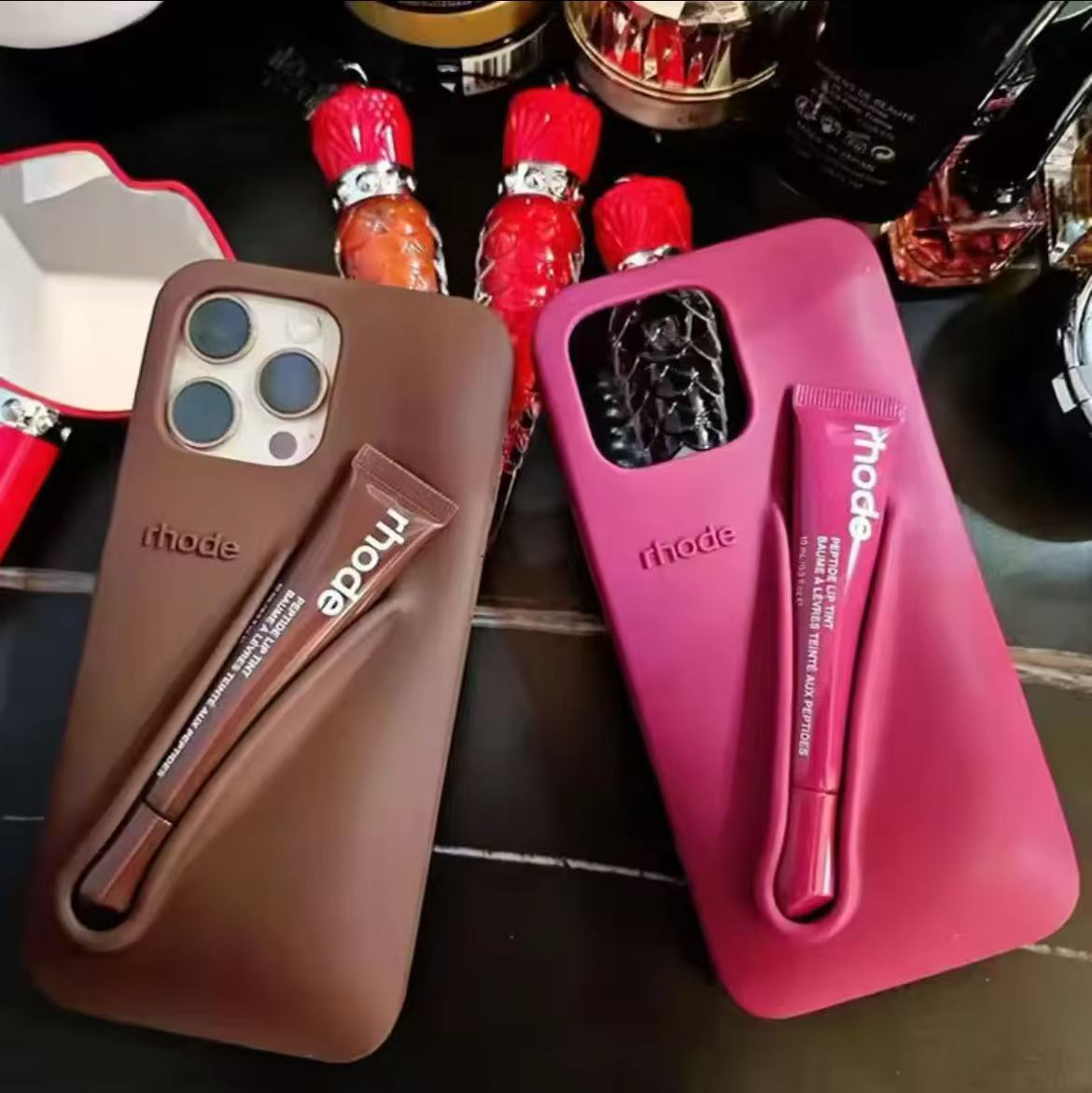 INS Lipstick Silicone Hot Rhode Phone Case For iPhone 16 15 14 13 12 11 Pro Max Plus Portable Lip Gloss Holder Hot Soft Cover