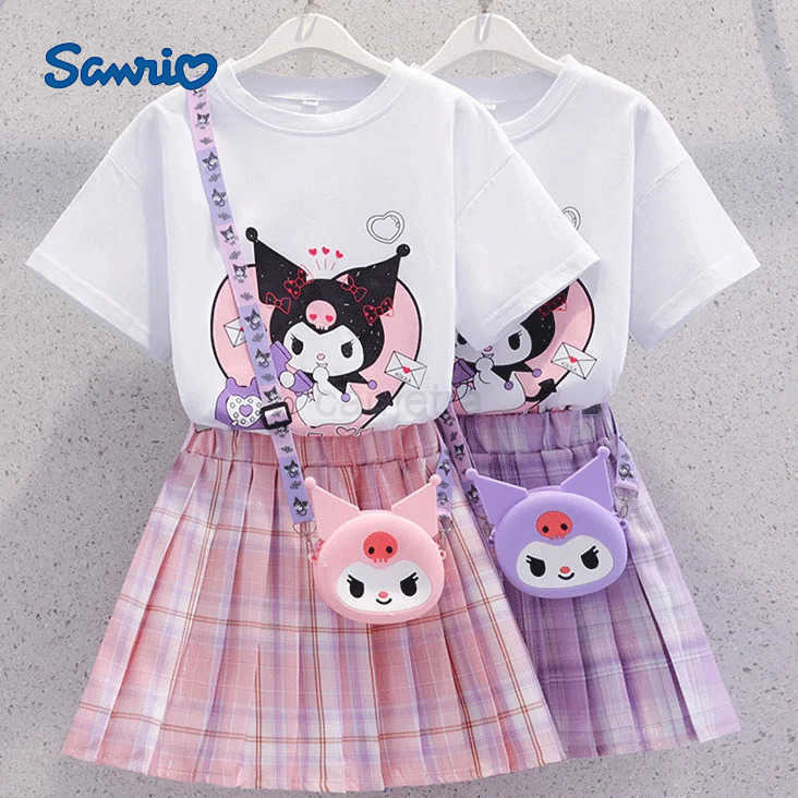 Sanrio New Kuromi Girls Skirt Set - Sanrio Summer Outfit Short-Sleeve T-shirt + Plaid Pleated Skirt 2Pc Cute Preppy Dress (Age 3-13)XJ250618