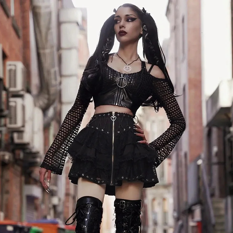 Womens Punk Vintage High Waist Skirt Zipper Front Japanese Style Kawaii Black Harajuku Gothic Skater Cosplay Mini Skirts 250617