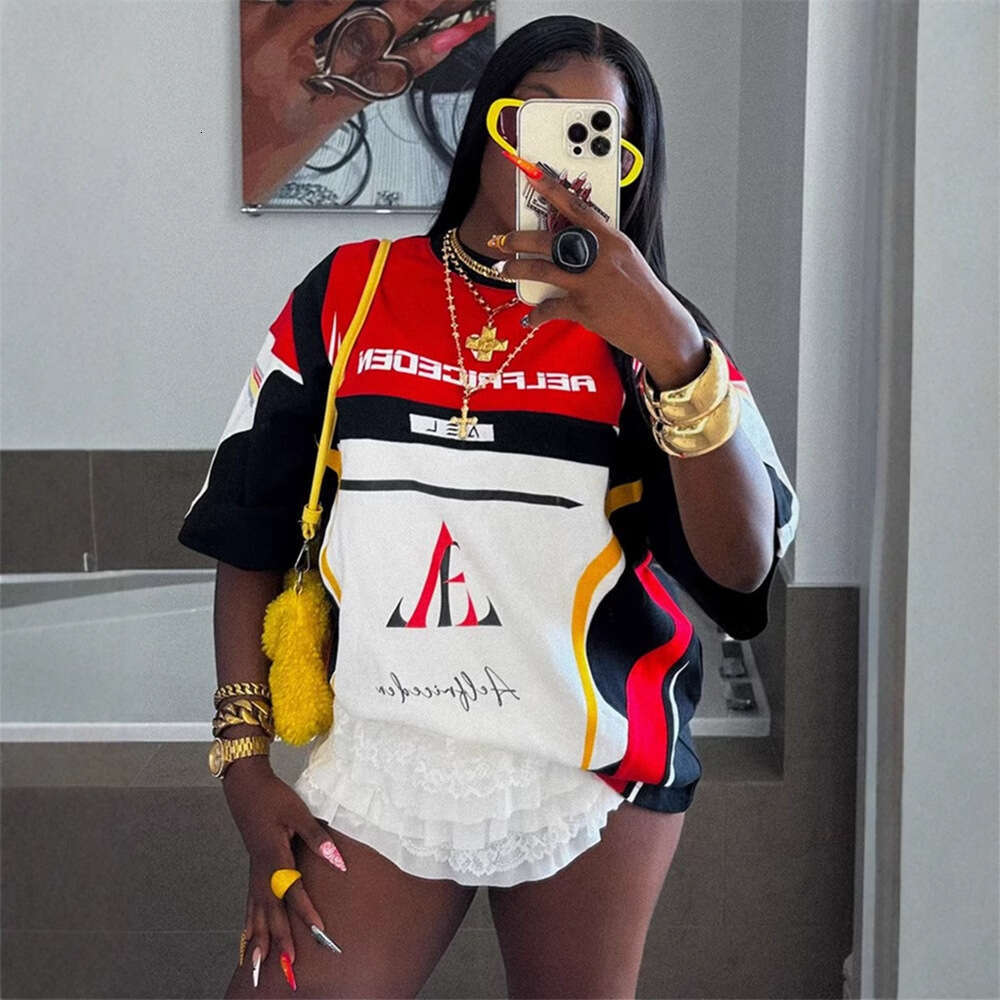 Autumn New Trendy Fashion Printed Motorcycle Style High Street American Short Sleeve Top Color Block T-Shirt For Women B5