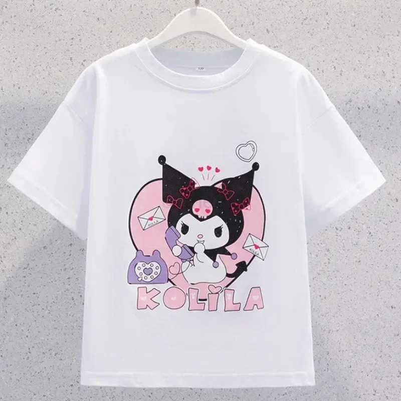 Sanrio Children Sanrio Kuromi Skirt Suit Summer Teen Girls Short-Sleeved Cartoon T-shirt Tops+Plaid Pleated Skirt 2Pce Set Preppy DressXJ250618
