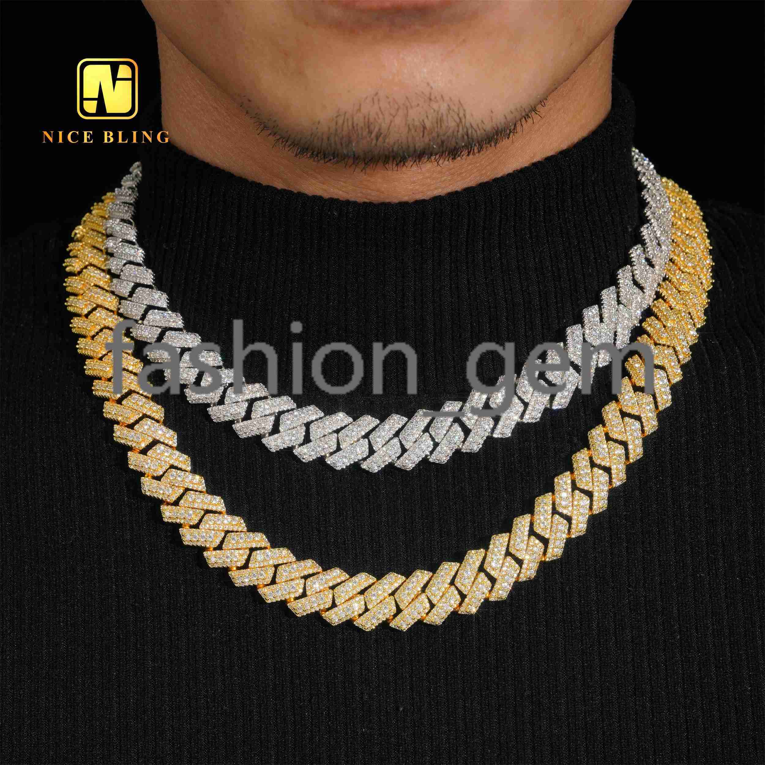 Factory Price Hip Hop Jewelry Cuban Necklace 15mm Iced Out Cuban Clink Chain Men 18k Gold Plated Brass moissanite moissaniteia Necklace