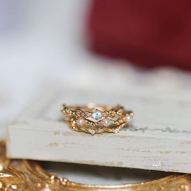 Imitation Aquamarine Pearl Three-Piece for Women, Gold-Plated, Niche Style, Elegant and Luxurious Artistic Ring Set