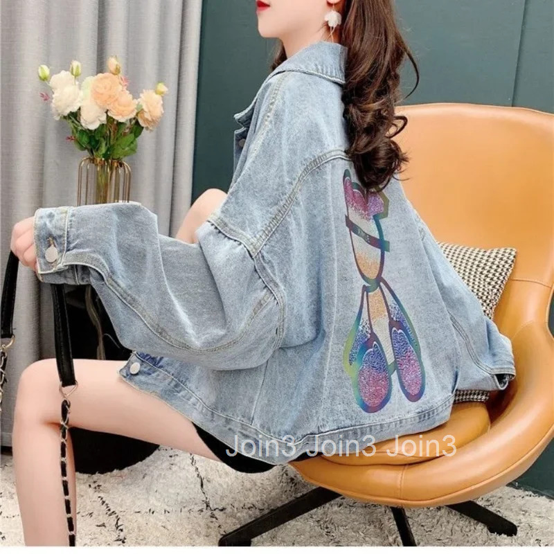 Cowboy Coat Woman Spring Autumn With Rhinestones Diamonds Sequin Small Denim Jacket for Women Short Crop 2025 Models Cheap Trend