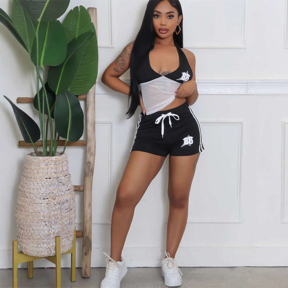 Summer New Women's Sexy Hot Girl Printed Backless Halter Neck See-Through Hollow Out Tube Top Shorts Set B5