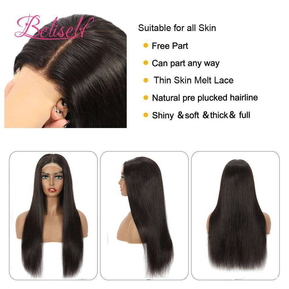 Transparent Front Human 13x4 13x6 Straight Frontal Pre Plucked 5x5 HD Lace Closure Wig Beliself Hair