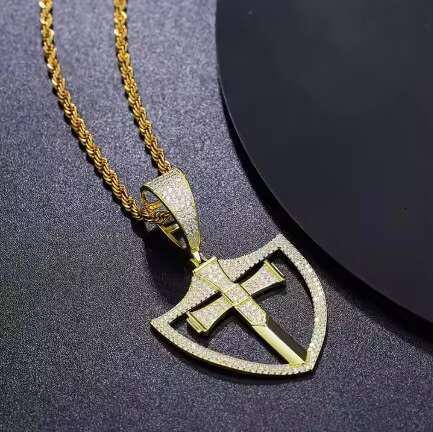 18K Gold Plated 925 Sterling Silver Mens VVS Moissanite Iced Shield Cross Pendant Christian Spiritual Charm