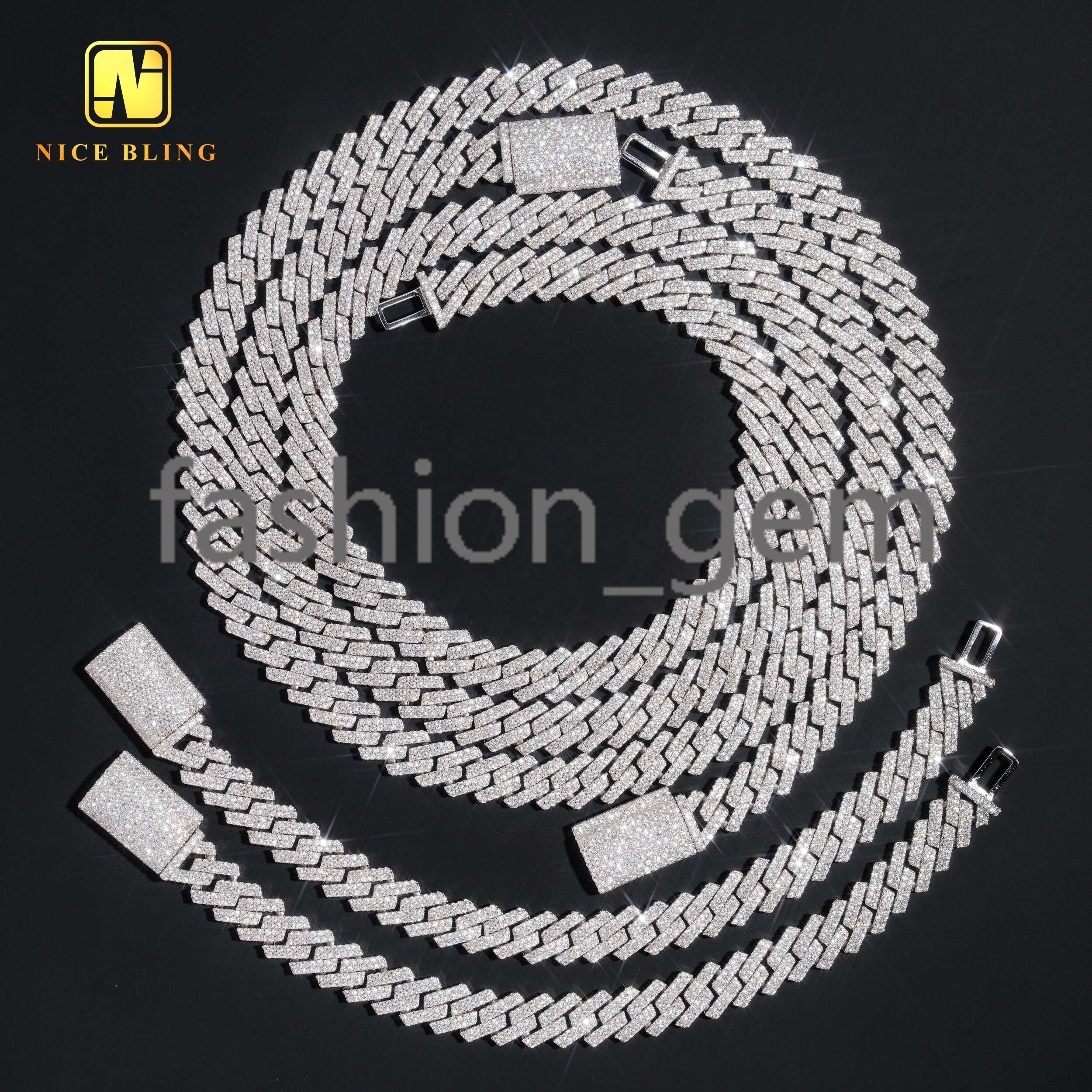 Fashion Men Cuban Link Chains 925 Silver Jewelry Hip Hop Necklace Rhodium Plated 10mm Moissanite Diamond Necklace Bracelet