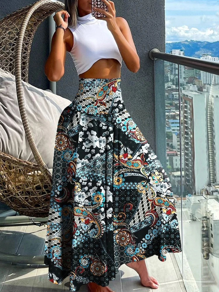 Boho Print Skirts For Women Summer Casual Elastic High Waist Aline Big Swing Long Dress Vacation Beach Party Skirt Robe 250617