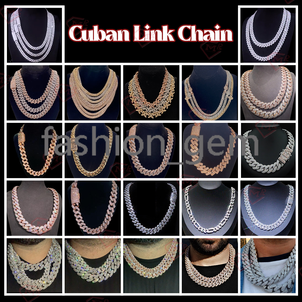 Vvs Moissanite Cuban Necklace 925 Silver 10mm 12mm 14mm 2rows Gold Plated Hip Hop Cuban Chain