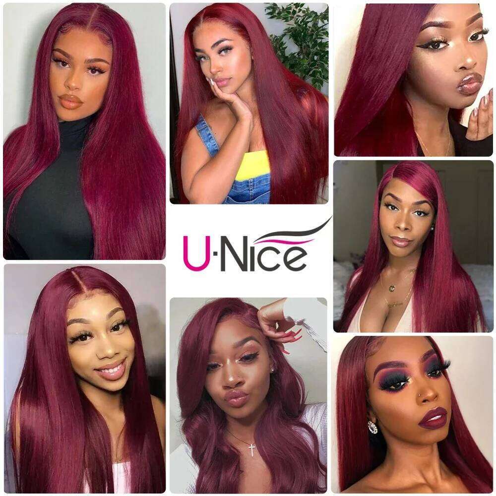 UNice 99J Straight Human Hair Pre Plucked 13x4 Frontal Bury Lace Front Wig US Free Shipping