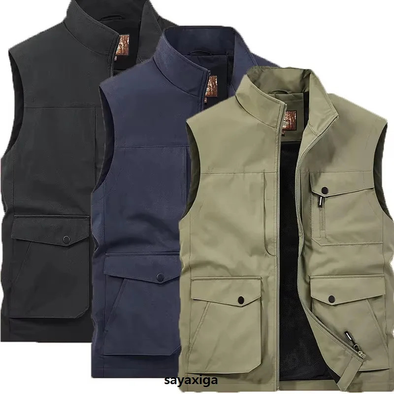 Mens Thin Tooling Loose Quick Drying Vest Mens Outdoor Sports Coat Multi Pocket Stand Collar Vest Spring Camping Fishing Vest 250617
