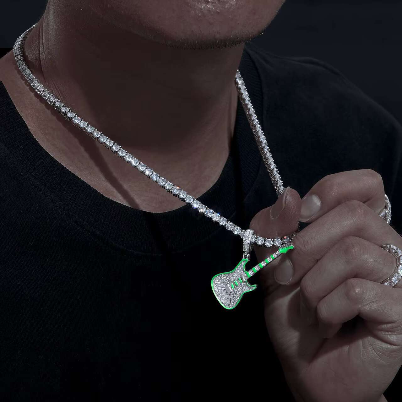 Glow in the Dark Series High Quality 925 Sterling Silver VVS Moissanite Diamond Iced Guitar Pendant Necklace