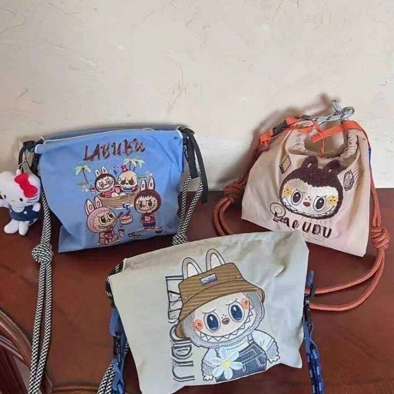 Mini Embroidered Canvas Labubu Zipper Single Shoulder Crossbody Bag Womens Portable Lightweight Mobile Phone Coin Wallet