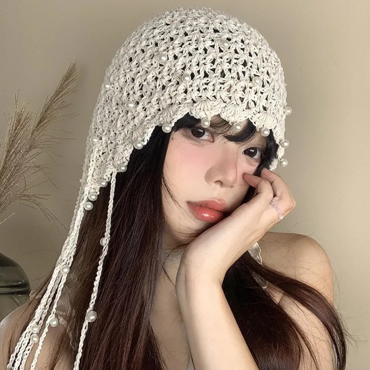 Lace-Knit Pearl Fringed Beanie Hat for Women - Ethnic Summer Crochet Pull-On Cap in Vintage Style 250618