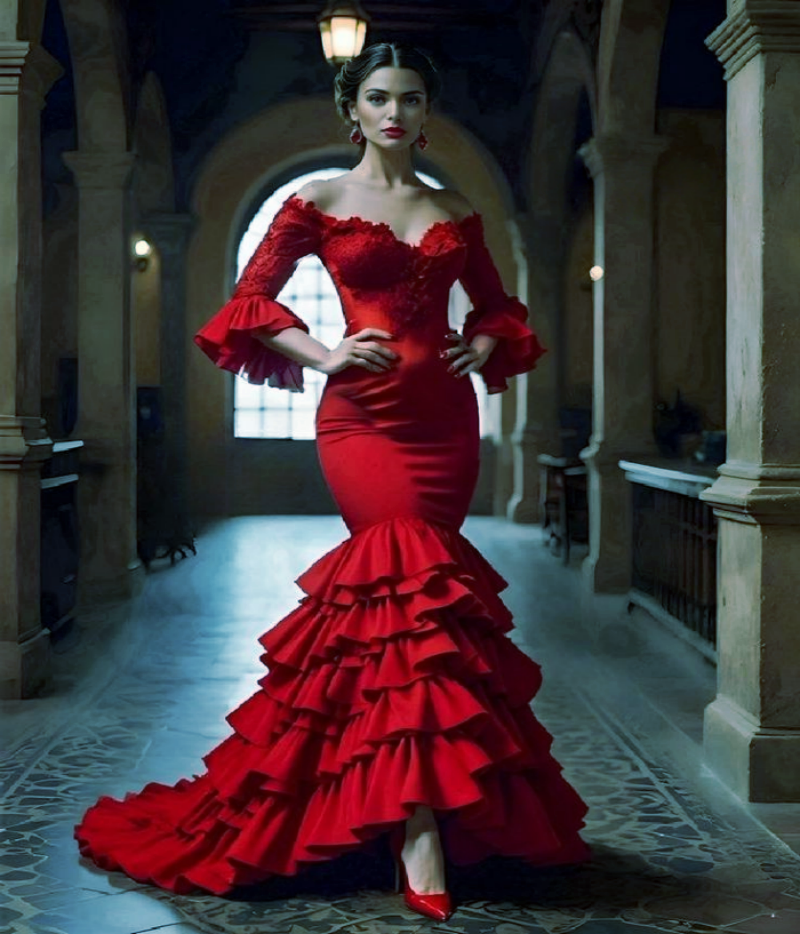 Vintage Tiered Mermaid Flamenco Prom Dresses Off Shoulder Half Flare Sleeves Elegant Special Occasion Dress Customized Sweep Train Evening Wear