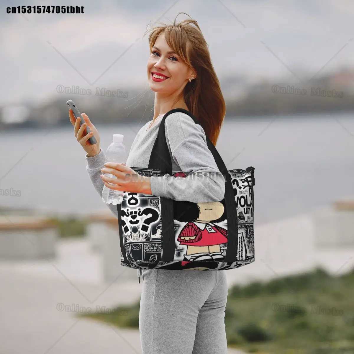 Vintage Quino Cic Mafalda Tote Bag Wen Large Capacity Cartoon Beach Gym Shoulder Travel Bag B250618