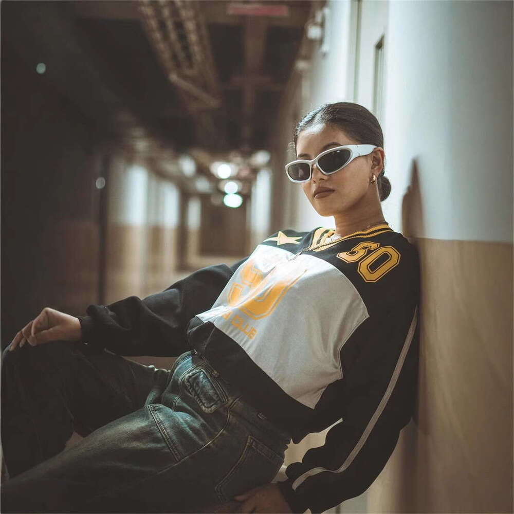 Autumn New Letter Print Sports Jersey Loose V-Neck Color Block Long Sleeve Top For Women B5