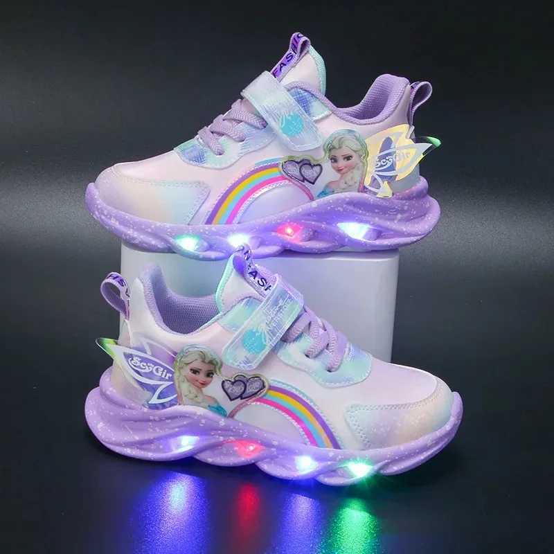 Girls Casual Shoes Led Lights Mesh Breathable CHIldrens Sports Princess Elsa Pink Purple Shoes Sneakers Size 22-35 Z250618