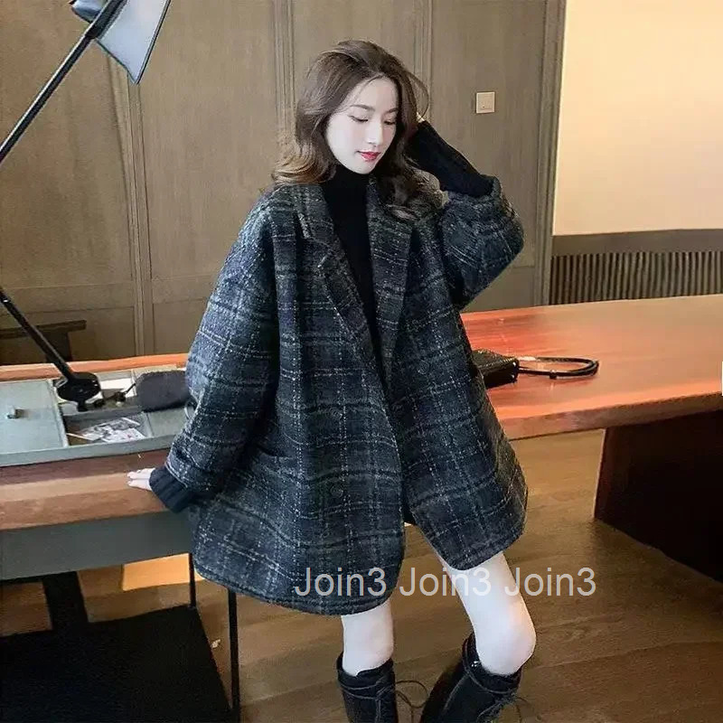 Medium Length Blazer Woman Check Winter Outerwears Plaid Jacket In Promotion On Korean Style Coats for Women Trend 2025 Sale New