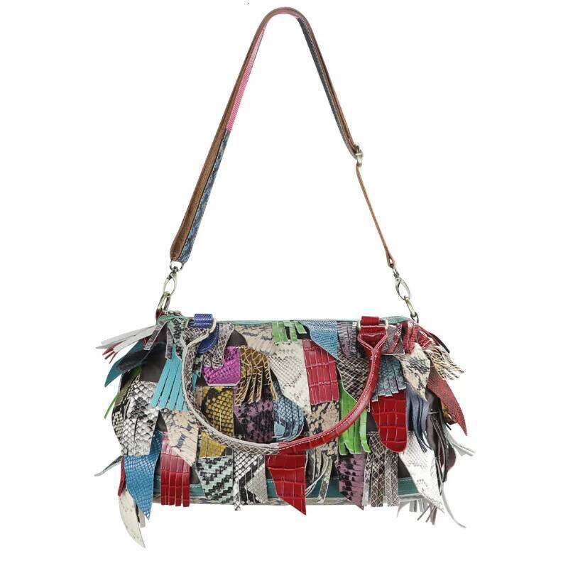San Maries New Colorful Snake Pattern Genuine Leather Tote For Lady Travel Purses And Handbags Women Fashion Boston Fringes Bags
