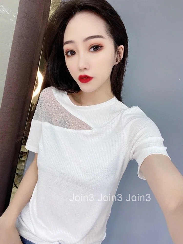 Womens T-shirt Rhinestone Summer Outfit Glitter Sequin Top Female Baggy Short Sleeve Plain Y2k Clothes Korean Popular Elegant