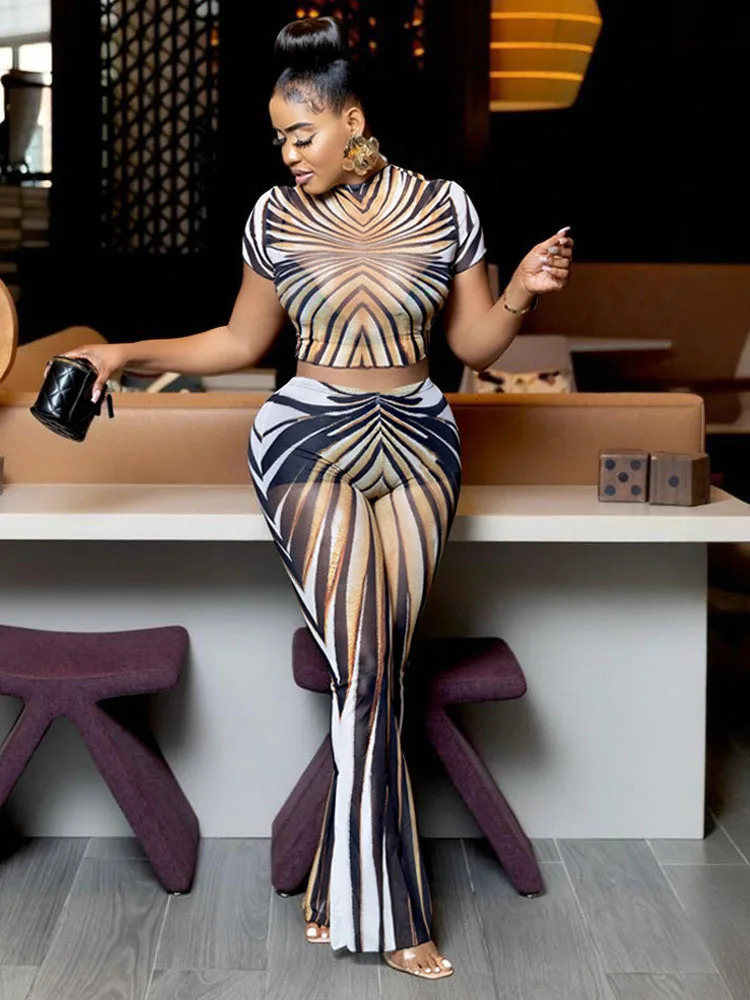 Weird Puss See Through Women 2Piece Set Sexy Stripe Print Summer Trend Shorts Sleeve Crop TopsFlare Pants Matching Club Outfits 250614