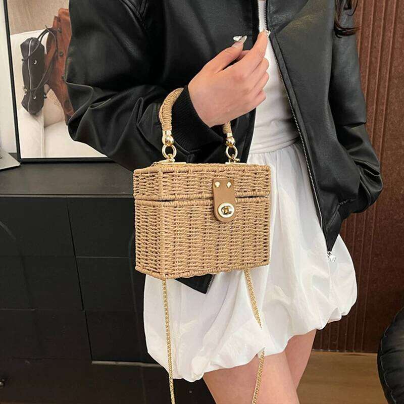 Rattan Straw Shoulder Bag Women Boho Hand-Woven Basket Messenger Pouch Summer Beach Square Box Top-handle Handbag for Lady