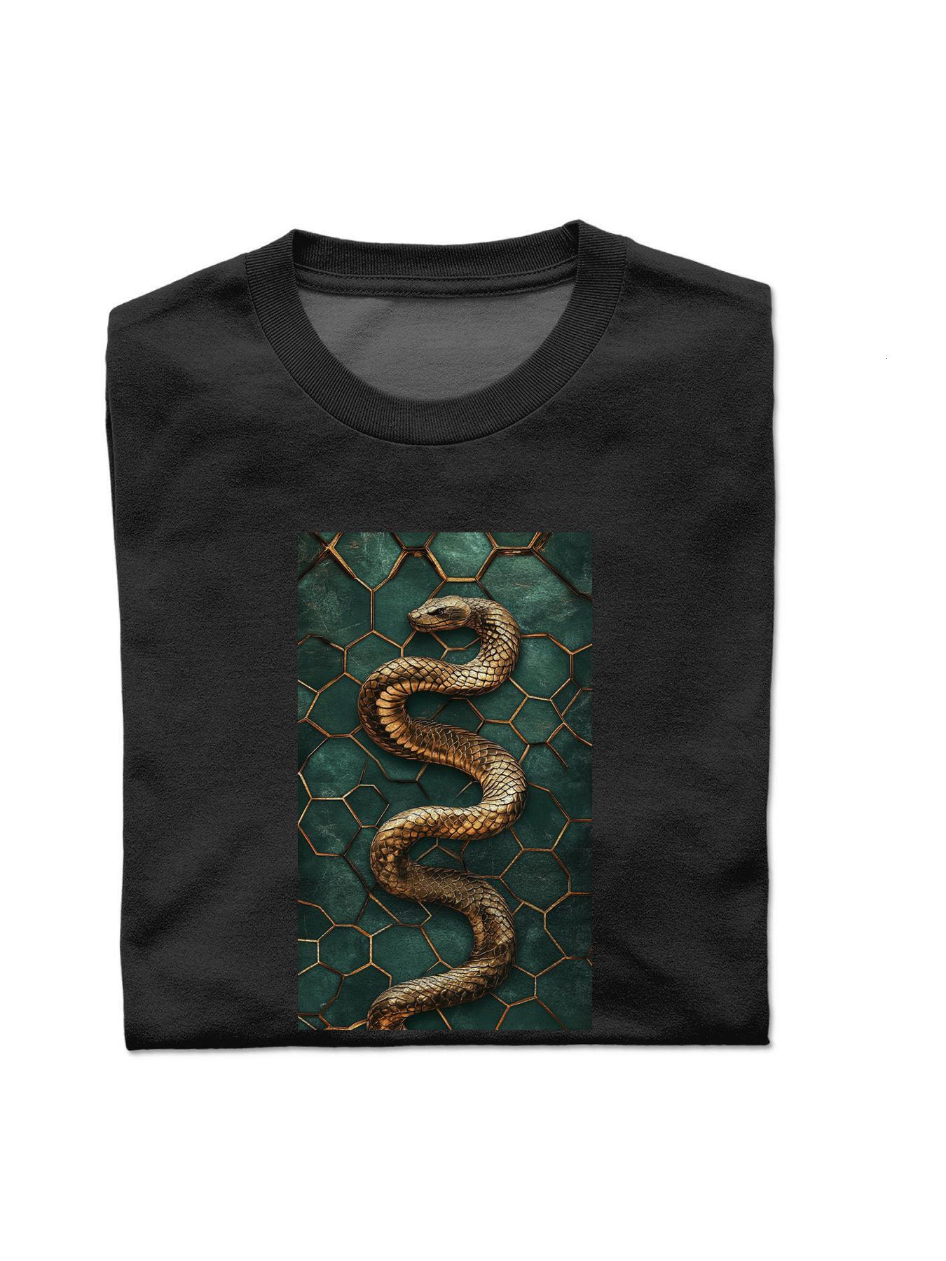 T-shirt with a gold snake on it ' s chest T Shirts Round collar