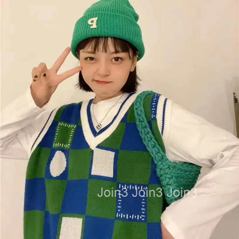 Green V-neck Vest Womens Sweater Plaid Long Knit Tops for Woman Winter 2025 90s Vintage Thermal Blouse Tall Aesthetic New In