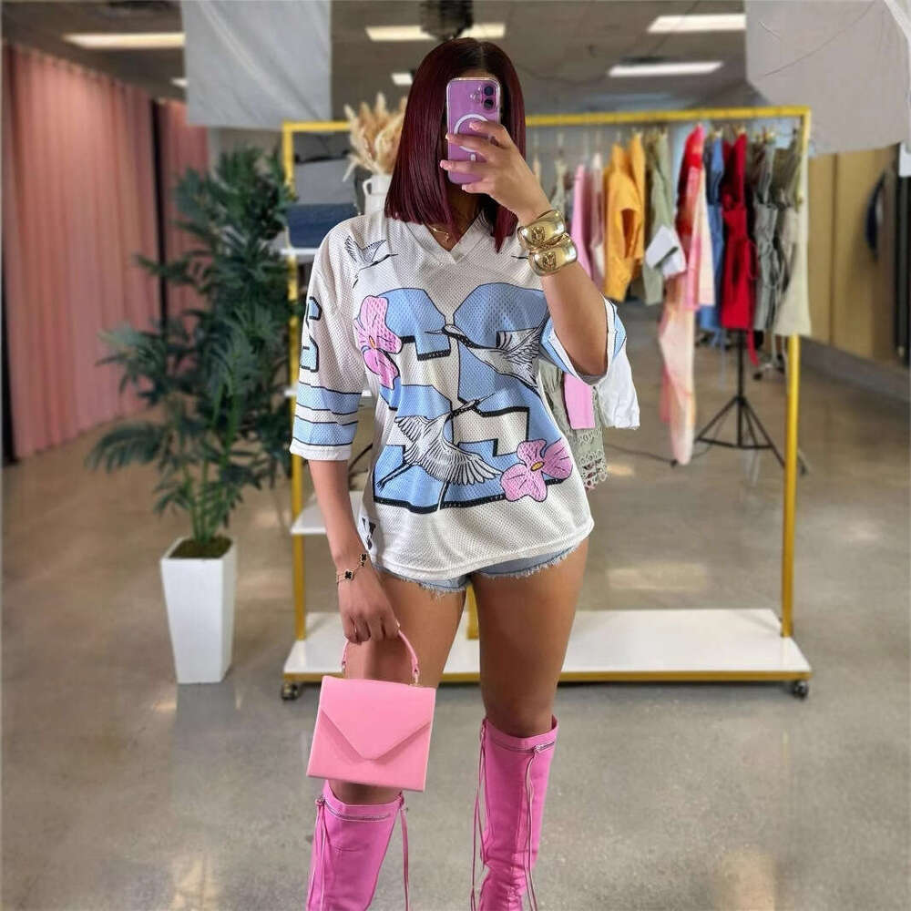 Summer New Women's Fashion V-Neck Short Sleeve T-Shirt With Number Print Top B5