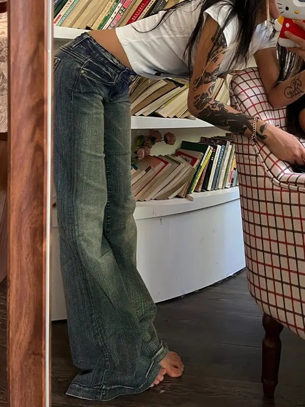 Fashion Womens Denim Flare Leg Jeans 90s Low Rise Vintage Pants Club Street Style S M L 250617