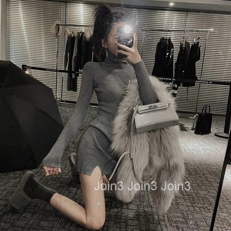 Grey Crochet Clothing Turtleneck Brown Womens Dresses Knit Short Extreme Mini Split Female Dress Designer Beach Sale One-piece