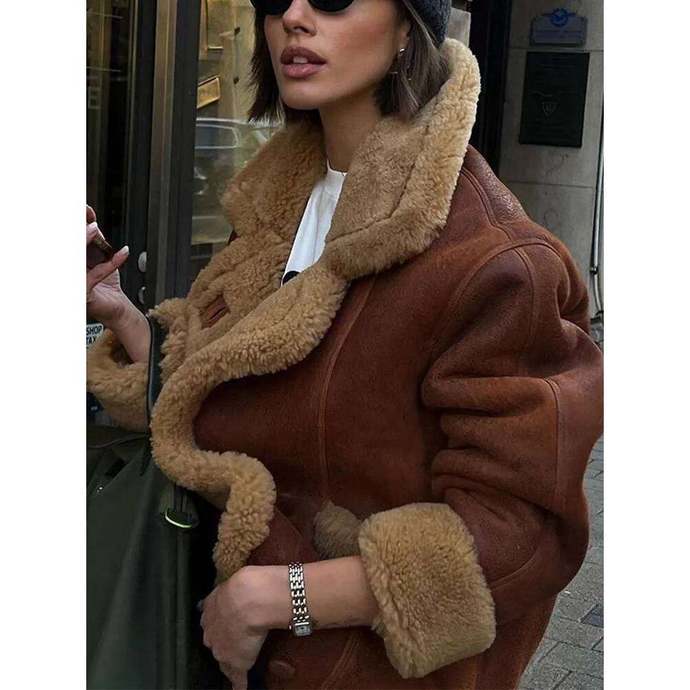Fashion Retro Brown Women's Jacket Coat Winter Plush Lining Soft Warm Windproof Coats Casual Loose Vintage Women Outerwears