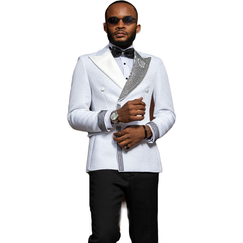 Stylish Tailor-Made Men Suits Peaked Lapel 2 Pieces Set Jacket Bead Jacquard Blazer Groom Double Breasted Customized Coat Pants Plus Size