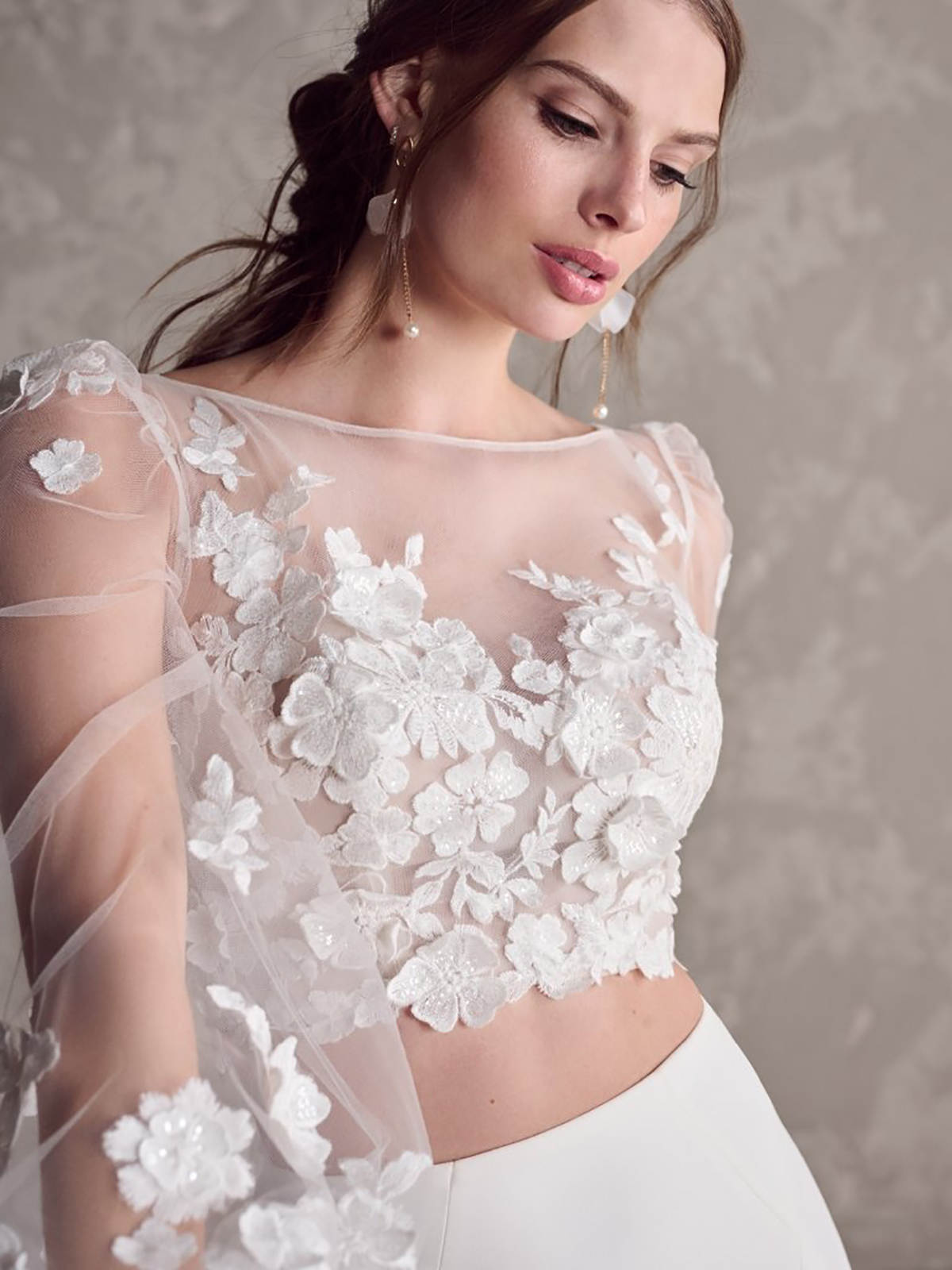 Exquisite Two Piece Mermaid Wedding Dress Illusion Tulle Applique Long Sleeve and Chiffon Bridal Scoop Neck Custom Made Gowns