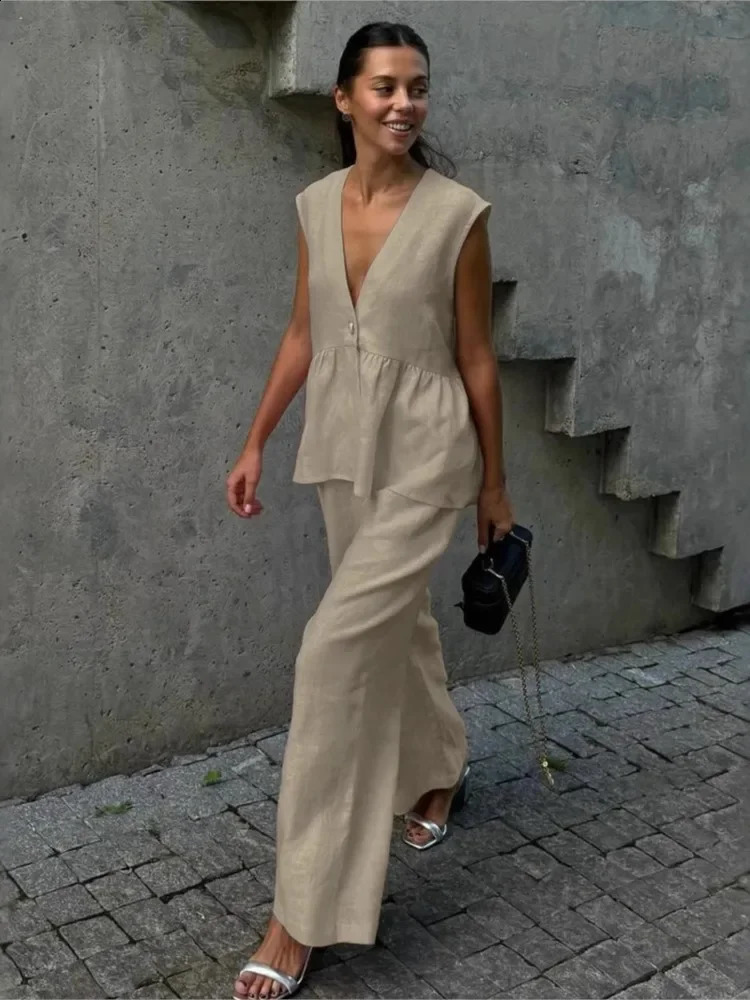 Summer Chic Womens Set Solid Color Cotton Linen Two Piece Set Fashion Ruffles Sleeveless Tank Top With Wide Pants Outfit Female 250617