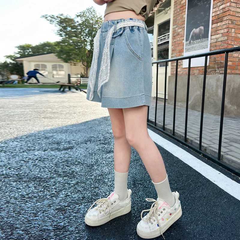 Girls lace belt denim shorts 2025 summer new product fashion jeans casual sports shorts 5-15 years oldC250617