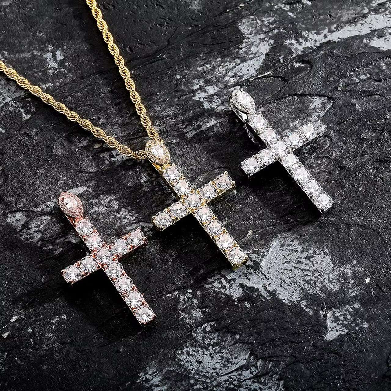 New Arrival Mens Moissanite Cross Pendant Necklace Blue Iced Rose Gold and Silver Studded in Hip Hop Style