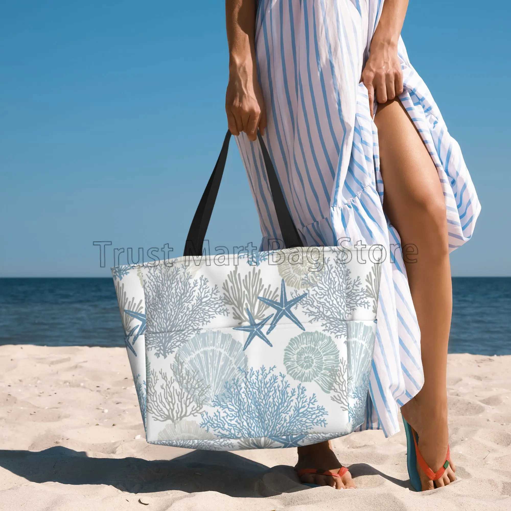 Summer Ocean Themed Seashell Coral Starfish Large Waterproof Beach Bag Women Sandproof Pool Tote Bag for Travel Vacation Swim W250618