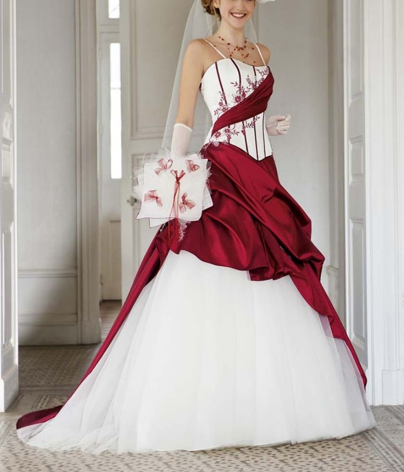 Dark Red And White Wedding Dress Ruched Appliques Spaghetti Straps Long Elegant Bridal Gown Customized A-Line Vintage Bride Formal Wear