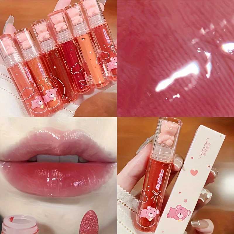 6 color lip glaze cute little bear mirror gloss jelly lips with sparkling light dew water long-lasting stain resistant transfer XJ250618
