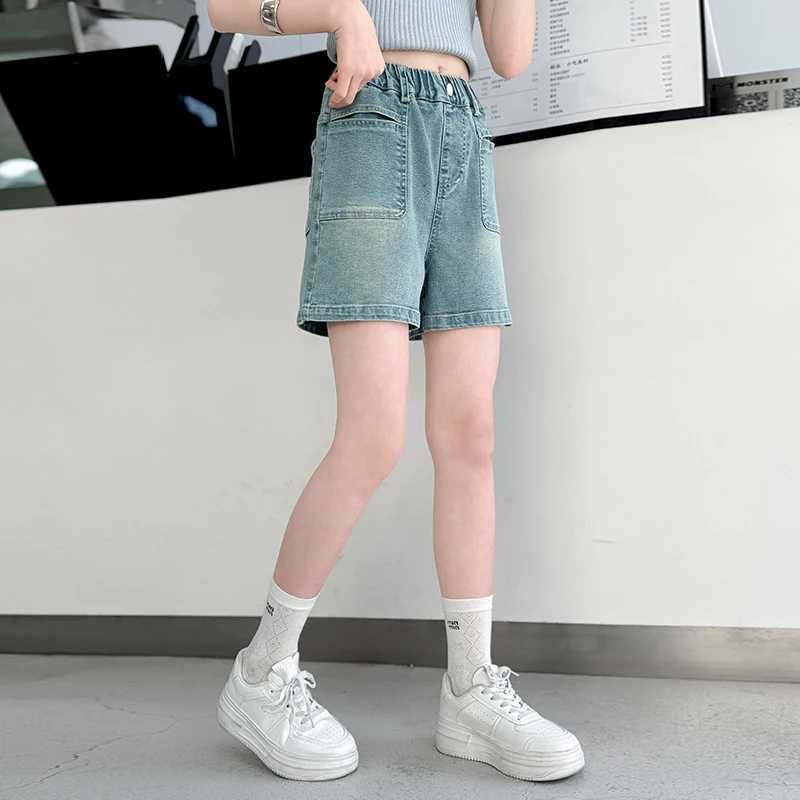 Girls summer front pocket design shorts 2025 new thin fashion jeans casual sports shorts 5-15 years oldC250617