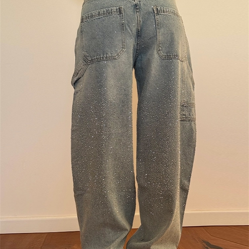 Womens Shining High Waist Denim Jeans Pant With All-Over Rhinestones Straight Leg Pants Trendy Casual Streetwear Trouser 250617