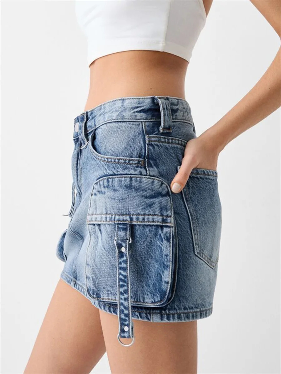 Women s High Waisted Denim Cargo Skirts with Side Pockets and Belt Loops Stylish Aline Mini for Casual Streetwear 250610A