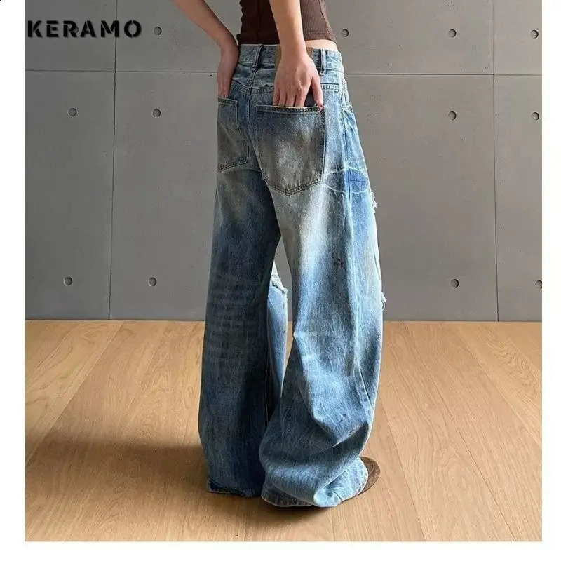 Harajuku Loose Baggy Emo Denim Trouser Womens Casual Damage Retro Full Length Jeans High Waist Y2K 2000s Blue Ripped Pants 250614