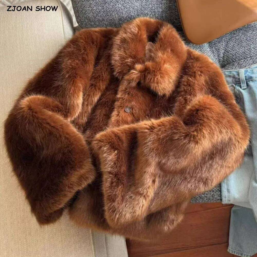 Winter Brownorange Turn down Collar Lapel Hairy Shaggy Faux Fur Coat Women Covered Buttons Full Sleeve Furry Short Outerwear