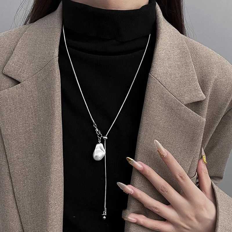 LATS Stainless Steel Long Necklace with Baroque Pearls for Women Adjustable Chain Sweater Accessories Fashion Jewelry W250618